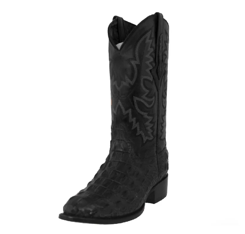 Western - style men's cowboy boots with intricate stitchingMens Black Leather Cowboy Boots Alligator Back Print - Round Toe Western - style men's cowboy boots with intricate stitchingMens Black Leather Cowboy Boots Alligator Back Print - Round Toe