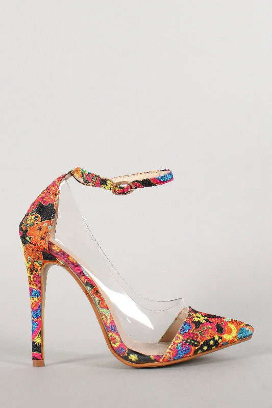 Women's holiday party stiletto heel pumps with a festive touchLiliana Paisley Lucite Ankle Strap Pointy Toe Pump Women's holiday party stiletto heel pumps with a festive touchLiliana Paisley Lucite Ankle Strap Pointy Toe Pump