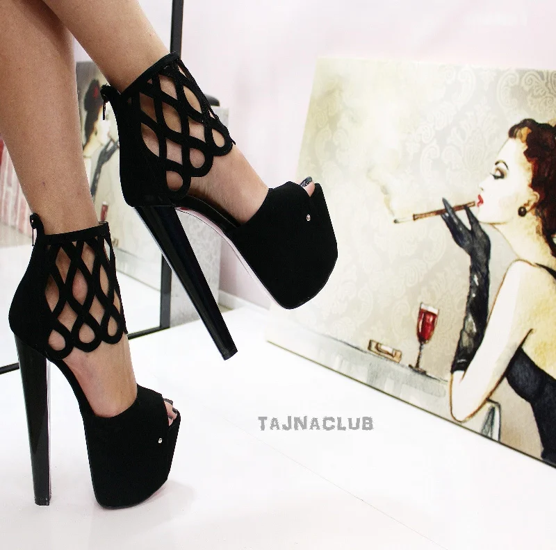 Women's ankle - strap stiletto heel pumps with a cut - out detailBlack Suede Peep toe Platform High Heels Women's ankle - strap stiletto heel pumps with a cut - out detailBlack Suede Peep toe Platform High Heels