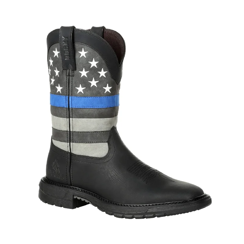 Men's cowboy boots with a rubber sole for tractionRocky Mens Black Leather Blue Line Western Cowboy Boots