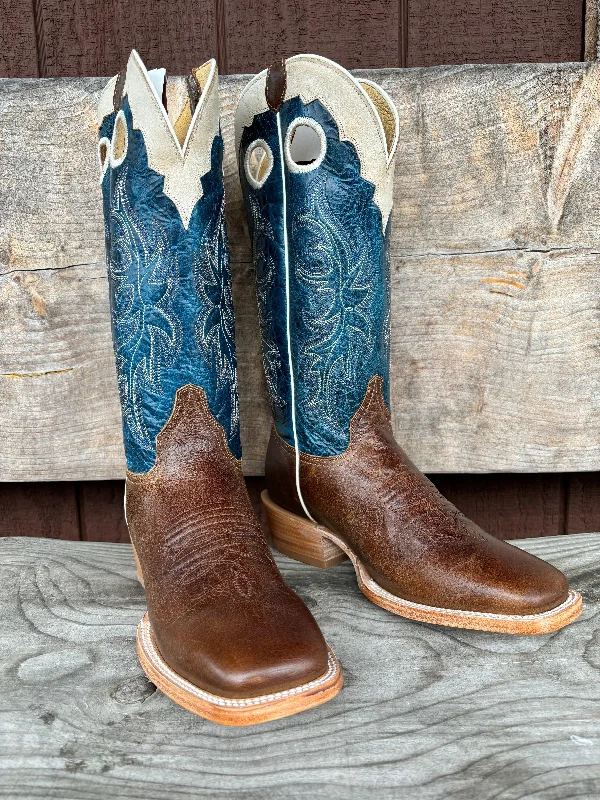 Vintage - style men's cowboy boots with a square toeRoper Men's Waxy Brown and Blue with White Crown Square Toe Western Cowboy Boots 8031-8559