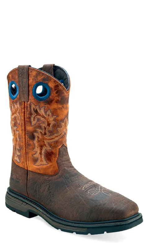 Men's cowboy boots with a tooled leather designOld West Mens Work Cloudy Dark Brown/Cactus Pink Leather Cowboy Boots