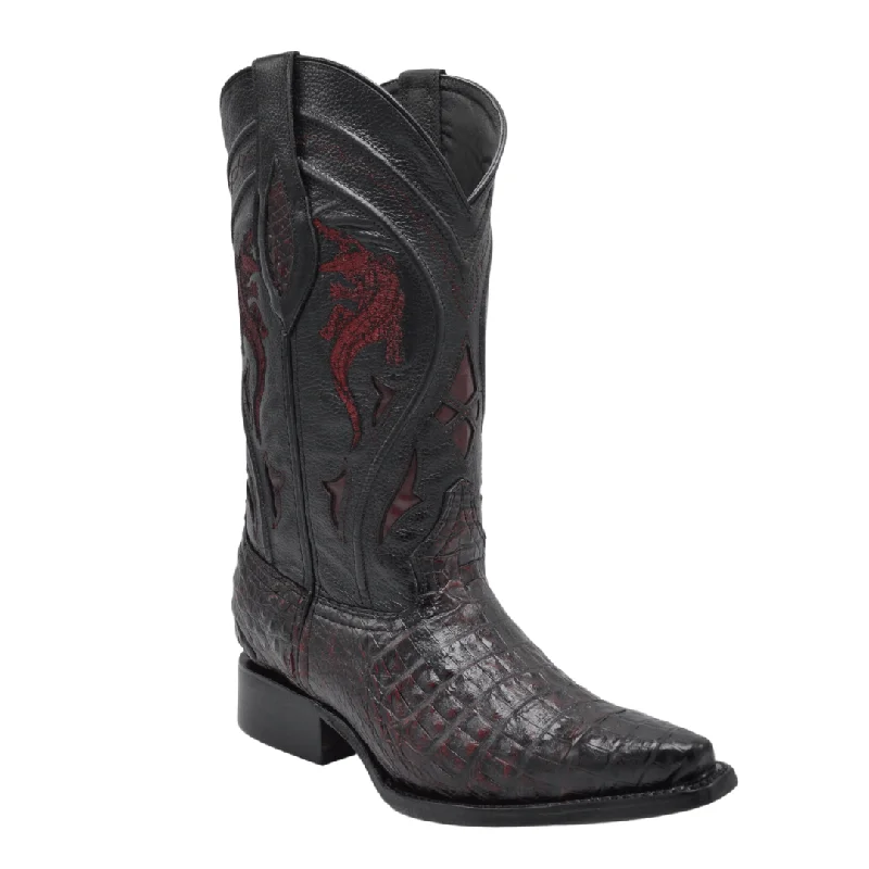 Men's cowboy boots with a leather sole for a classic lookMen's western boots with a leather - wrapped heel and a smooth finishRC 608 BLACK CHERRY, Men's Western Boots, Snip Toe, Cowboy Boots in Genuine Caiman skin Men's cowboy boots with a leather sole for a classic lookMen's western boots with a leather - wrapped heel and a smooth finishRC 608 BLACK CHERRY, Men's Western Boots, Snip Toe, Cowboy Boots in Genuine Caiman skin