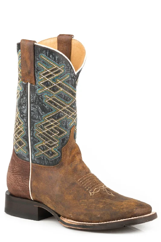 Men's cowboy boots with a spur ledgeStetson Mens Brown/Black Leather Rider Distressed Cowboy Boots