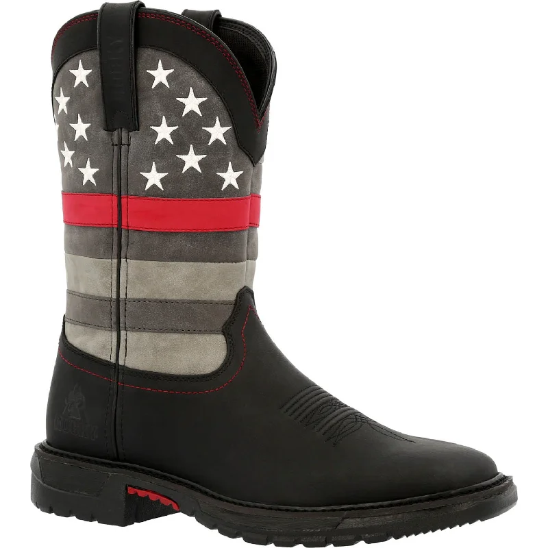 Men's cowboy boots with a distressed leather finishRocky Mens Black Leather Red Line Western Cowboy Boots