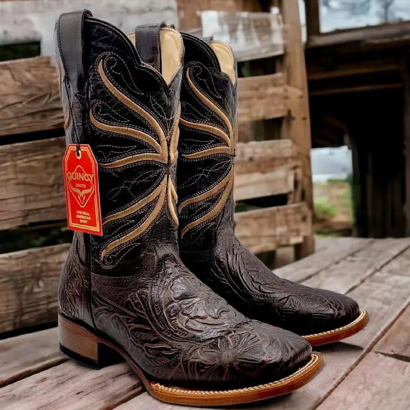 Men's cowboy boots with a tooled leather designChocolate Print Hand Tooled Cowboy Boots