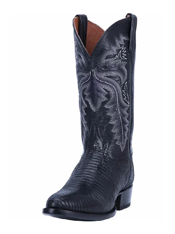 Men's western boots with a decorative concho belt and buckleDan Post DP3050R Mens Winston Lizard R-Toe Western Boots Black