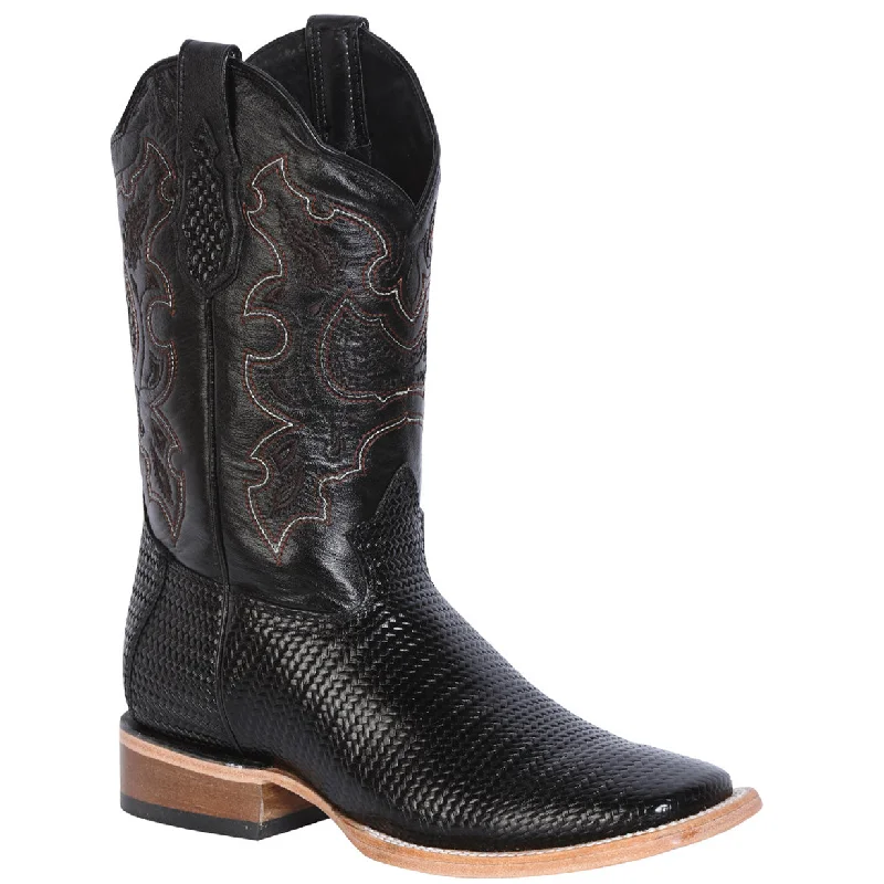 Men's western boots with a leather - wrapped heel and a smooth finishWoven Print Black Square Toe Western Boots