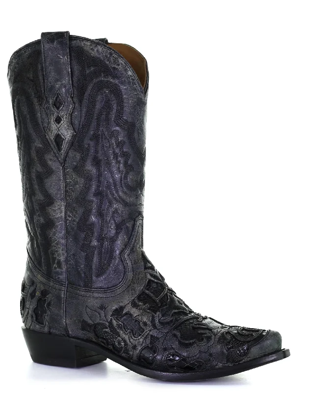 Men's western boots with a leather sole and a heel guardMen's Alligator Inlay Western Boots
