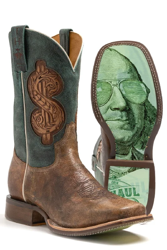 Men's genuine leather cowboy boots with a pointed toeTin Haul Mens Brown/Green Leather Top Dollar Cool Benjamin Cowboy Boots