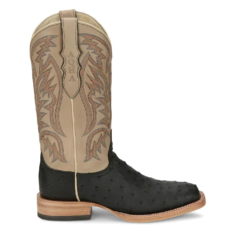 Vintage - style men's cowboy boots with a square toeDoc Bar Wide Embroidered Ostrich Square Toe Pull On Cowboy Boots