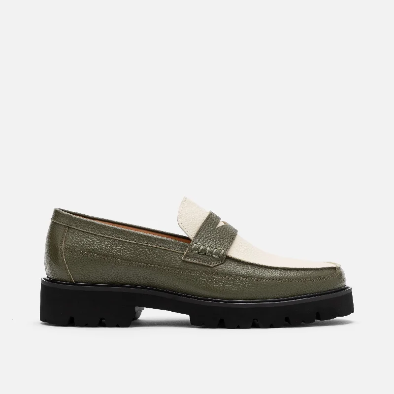 Men's loafers with a leather lining for comfortAdler Olive/White Leather Lug Penny Loafers