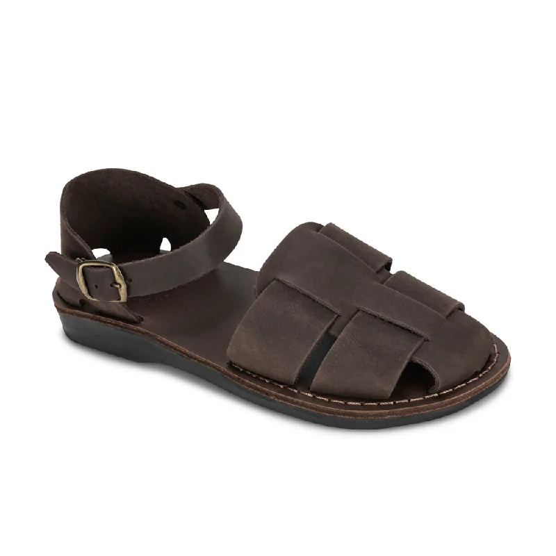 Men's sandals with a decorative buckle or charmMen's sandals with a decorative buckle or charmGemma - Leather Adjustable Strap Sandal | Brown Nubuck