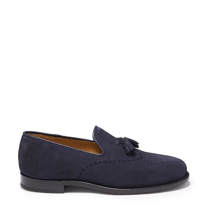 Men's loafers with a tassel front for a classic lookNavy Blue Suede Tasselled Brogues, Welted Leather Sole