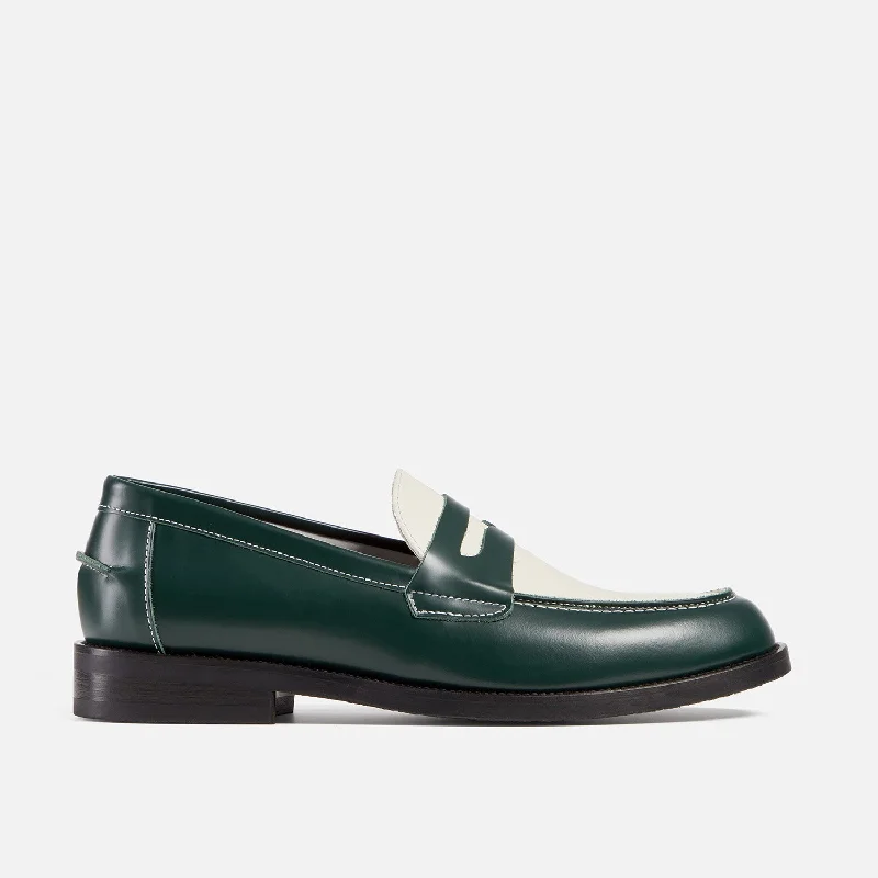 Men's leather loafers with a penny slotWilde Forest + White Penny Loafer - Men's