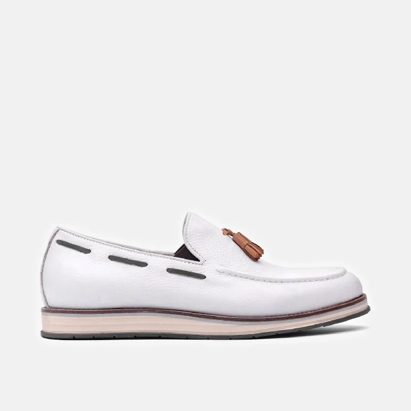 Men's loafers in a neutral color like black or brownApollo White Leather Tassel Loafers