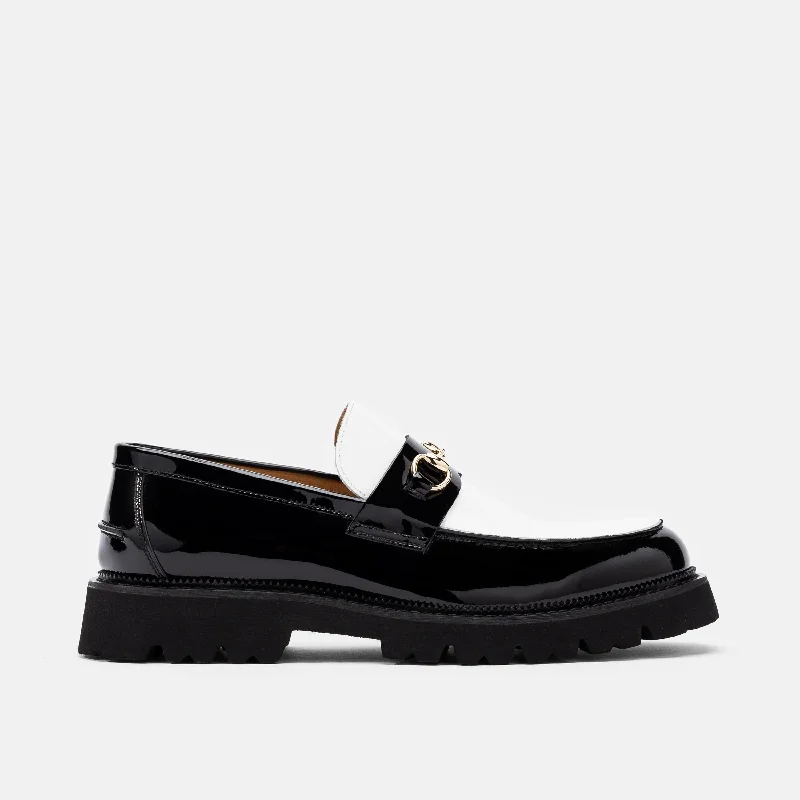 Men's loafers with a rubber sole for durabilityBlake Black/White Patent Leather Lug Bit Loafers