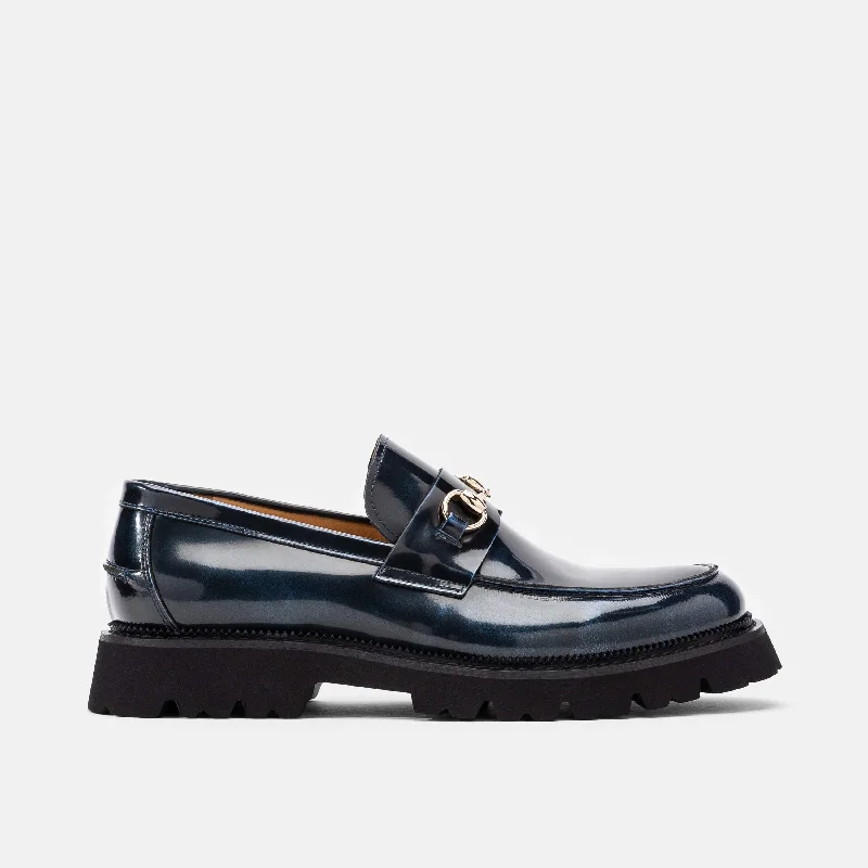 Slip - on men's loafers for easy wearBlake Navy Patent Leather Lug Bit Loafers