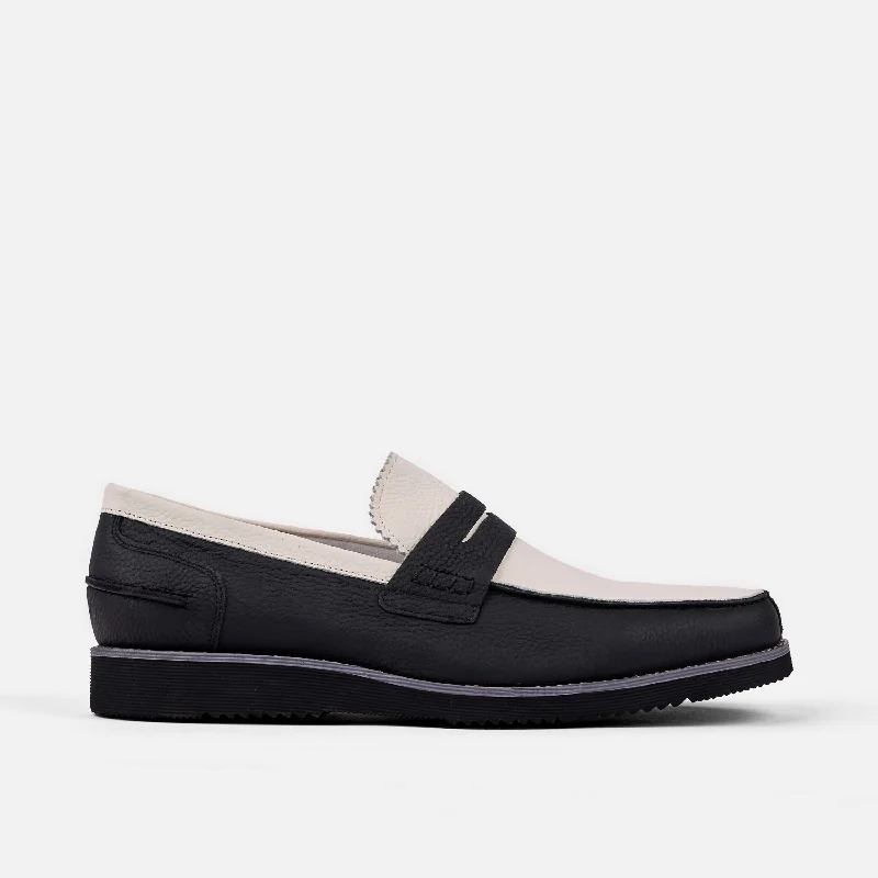 Men's leather loafers with a penny slotAbe Black and White Leather Penny Loafers