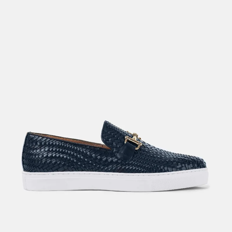 Men's loafers with a leather lacing systemBoardwalk Navy Woven Leather Horse-Bit Sneakers Men's loafers with a leather lacing systemBoardwalk Navy Woven Leather Horse-Bit Sneakers
