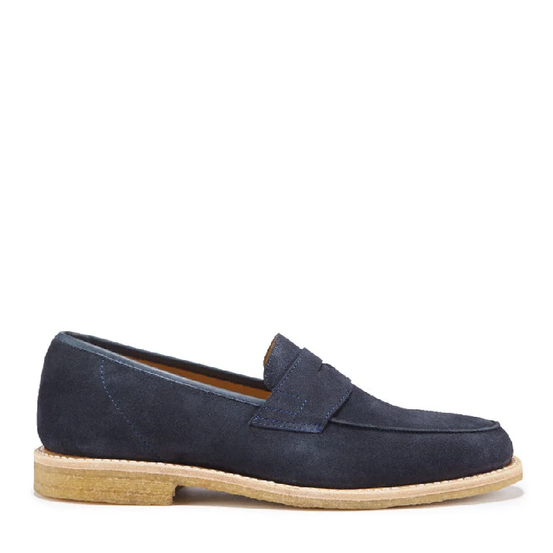 Men's leather loafers with a penny slotBlue Suede Loafers, Crepe Rubber Welted Sole Men's leather loafers with a penny slotBlue Suede Loafers, Crepe Rubber Welted Sole