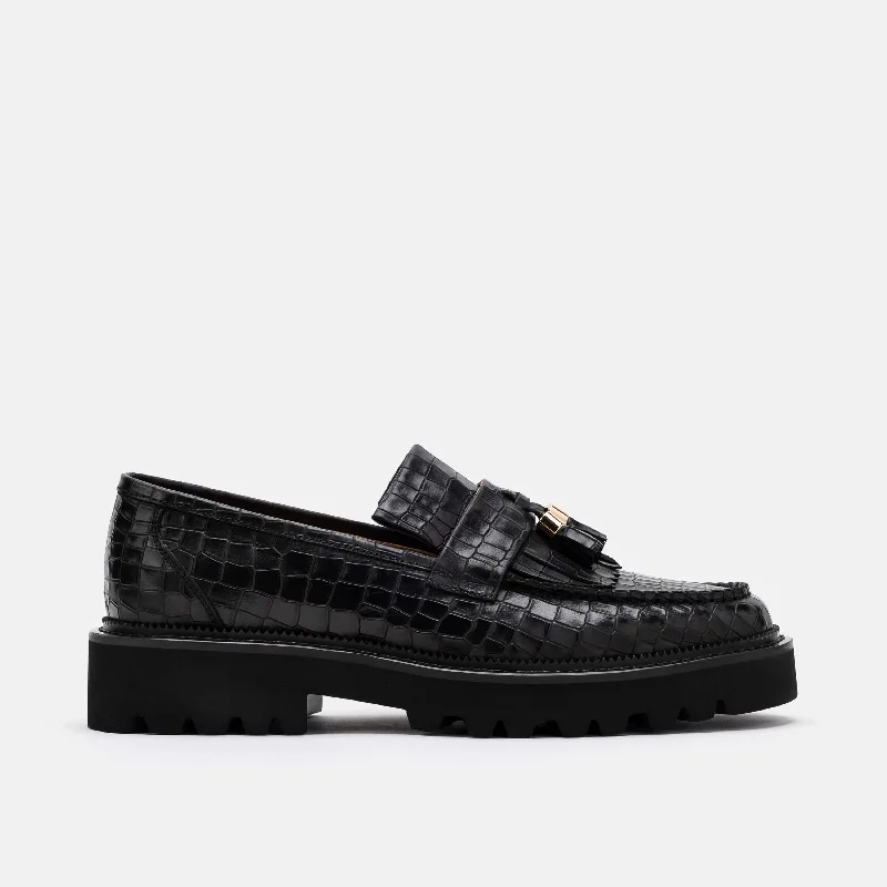 Men's loafers with a low - heeled designJourney Black Croc Leather Lug Tassel Loafer
