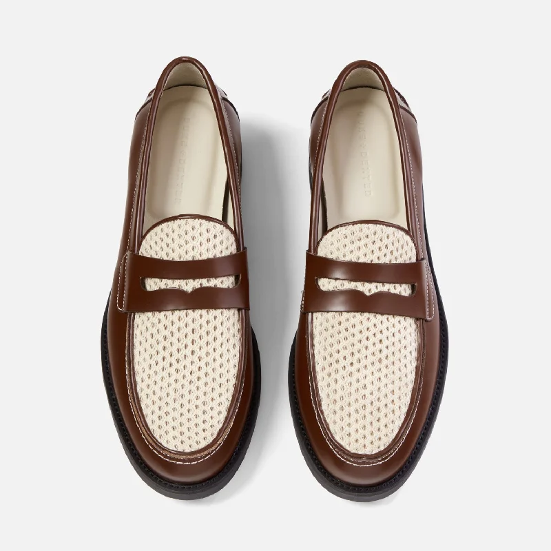 Men's loafers with a perforated leather upper for ventilationWilde Chestnut + White Rattan Penny Loafer - Men's Men's loafers with a perforated leather upper for ventilationWilde Chestnut + White Rattan Penny Loafer - Men's