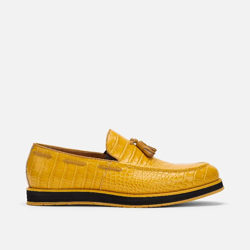 Men's loafers with a memory foam insoleApollo Yellow Crocskin Leather Tassel Loafers