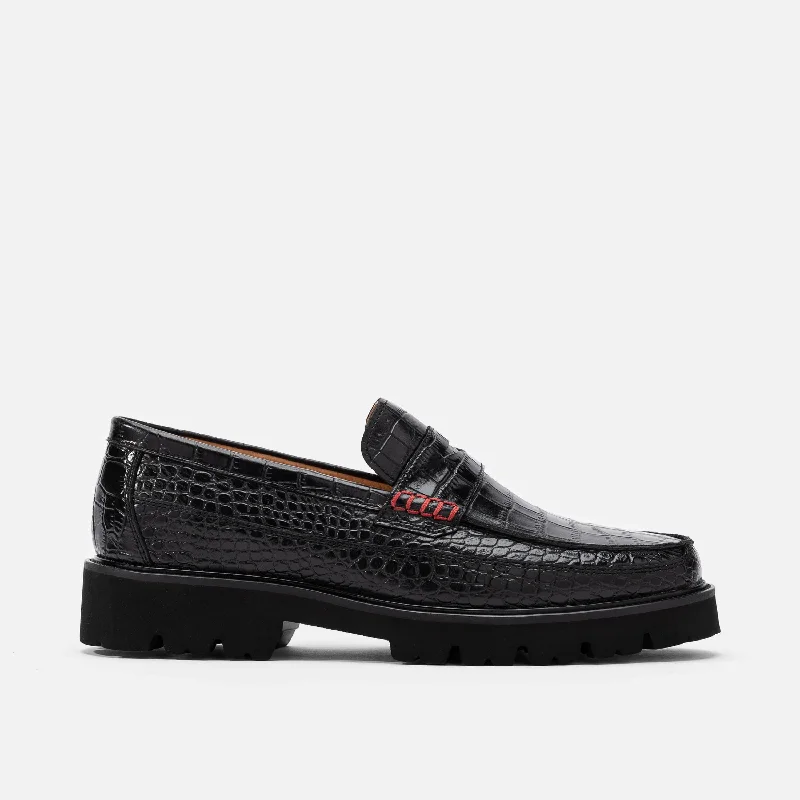 Men's loafers with a smooth leather finishAdler Black Croc Leather Lug Penny Loafers