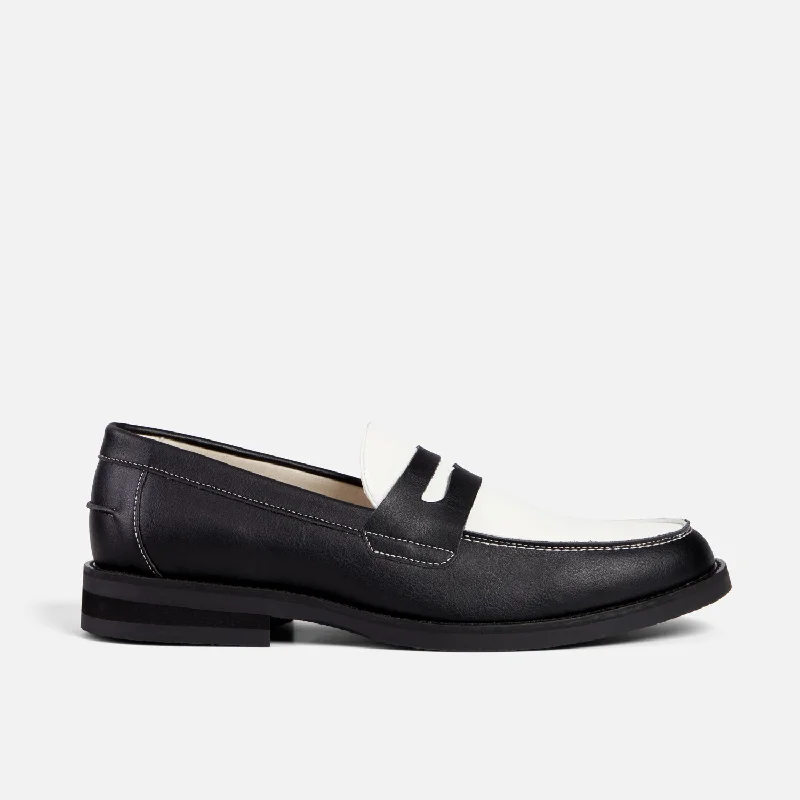 Men's loafers with a low - heeled designWilde Black + White Vegan Penny Loafer - Men's