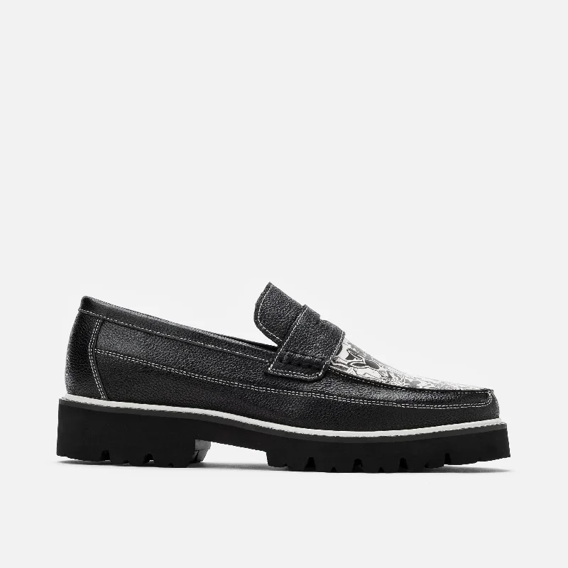 Men's loafers with a leather lacing systemKodone 'Scribble' Black Leather Lug Penny Loafers