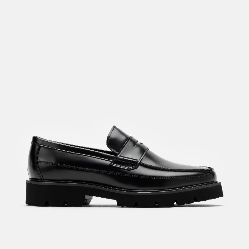 Men's leather loafers with a penny slotAdler Black Leather Lug Penny Loafers