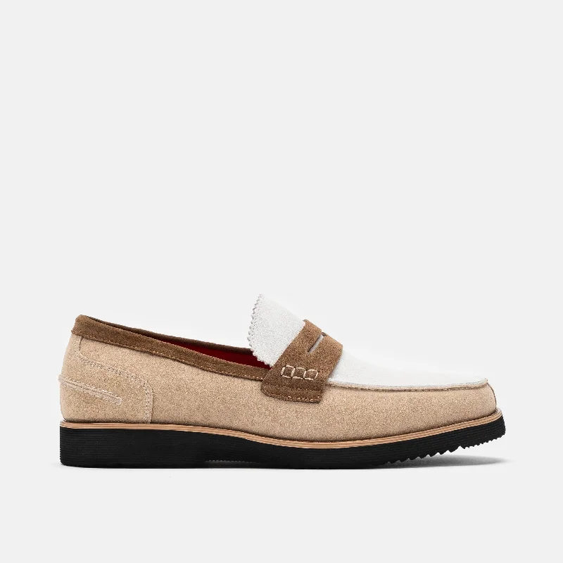 Men's loafers with a flexible sole for easy movementAbe Camel/White Suede Penny Loafers