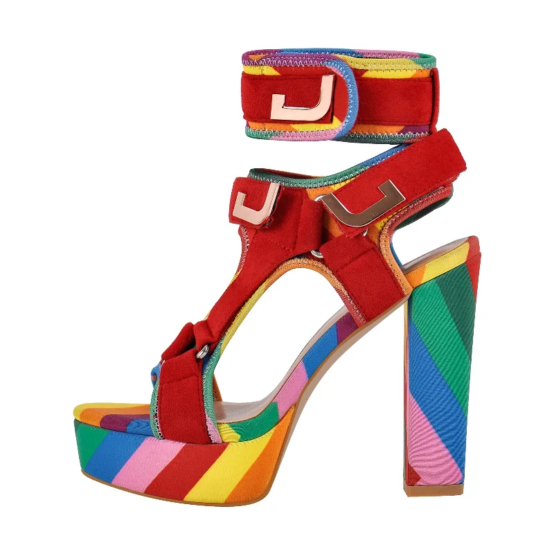 Men's sandals with a toe post design Canvas Rainbow Ankle Strap Chunky Heel Sandals