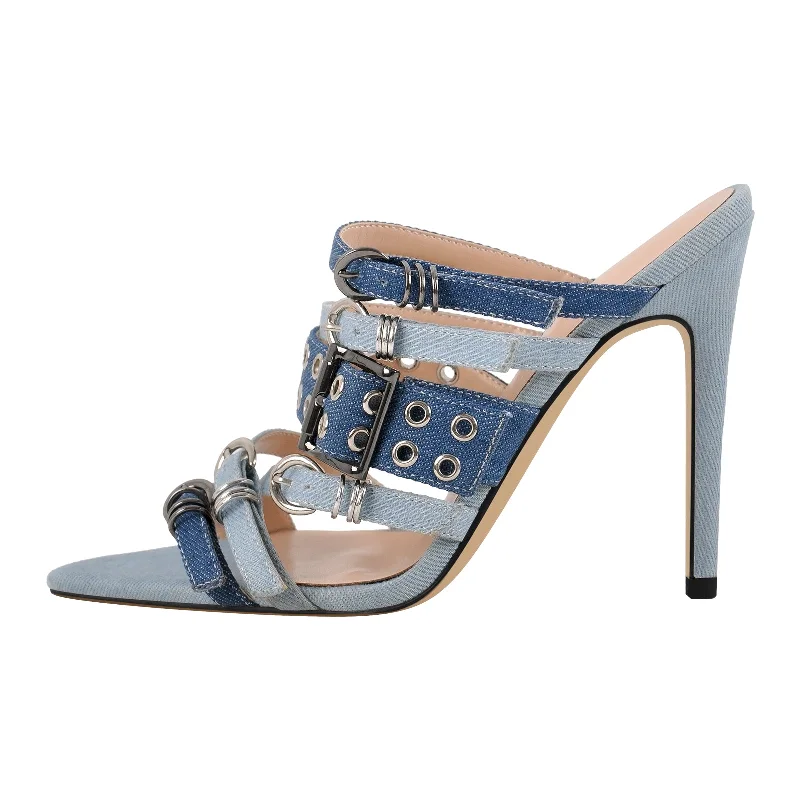 Men's sandals with a stretchy strap for a better fit Denim Pointed Toe Buckle Straps Mules