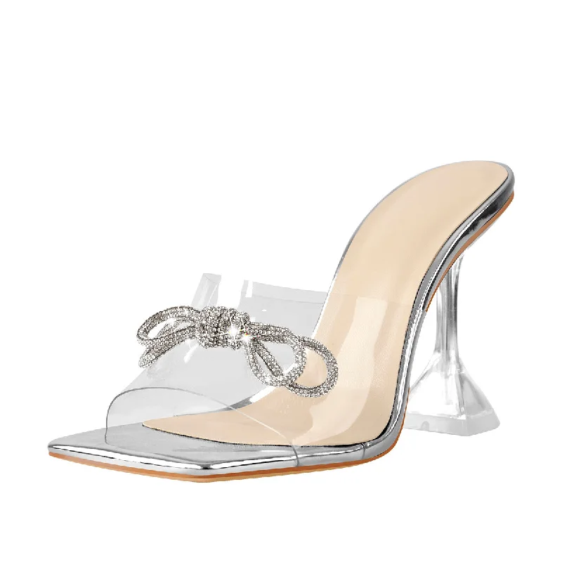 Men's sandals with a buckle closure Silver Bow Transparent Clear High Heel Square Toe Sandals Men's sandals with a buckle closure Silver Bow Transparent Clear High Heel Square Toe Sandals