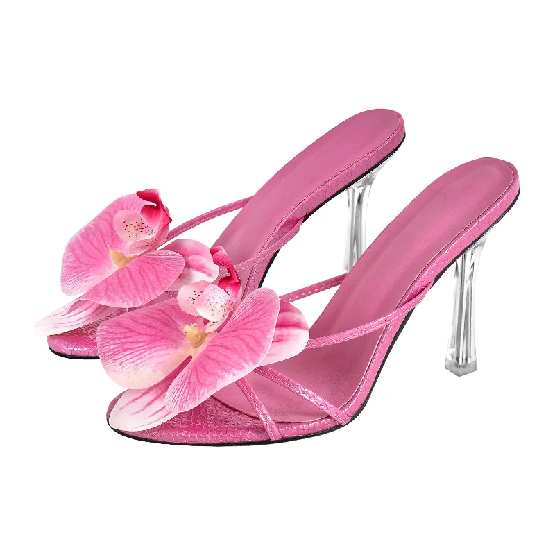 Men's sandals with a leather lining for comfort Flower Round Toe Clear Heel Thong Sandals Mules