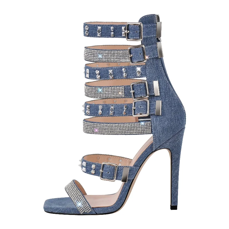 Men's sandals with a perforated leather upper for ventilation Denim Hollow Rivet Buckle Strap Bootie Sandals Men's sandals with a perforated leather upper for ventilation Denim Hollow Rivet Buckle Strap Bootie Sandals