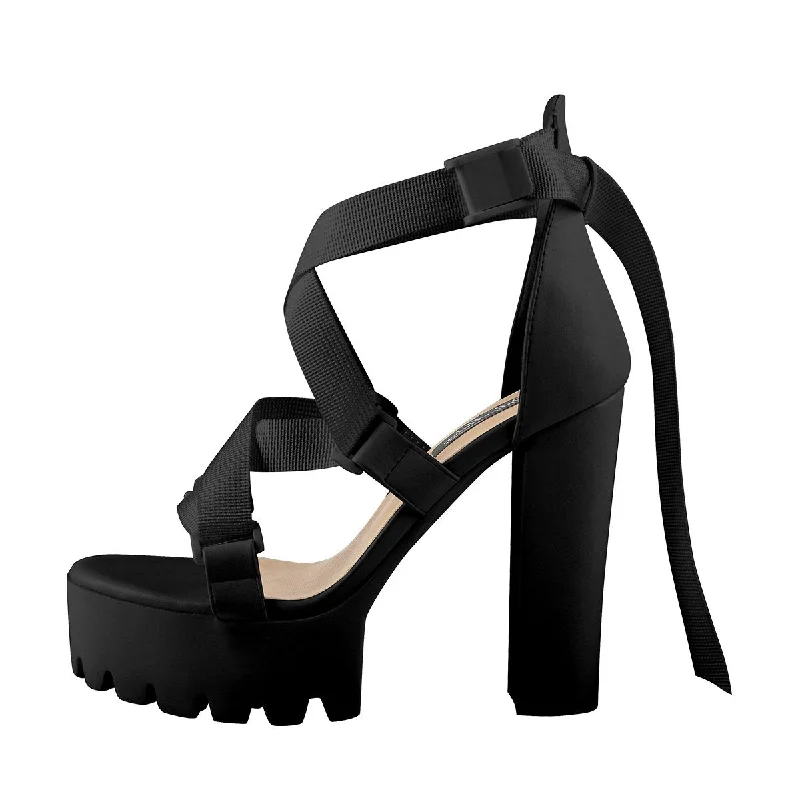 Men's sandals with a removable insole for cleaning Open Toe Black Cross Strap Platform Block Heel Sandals