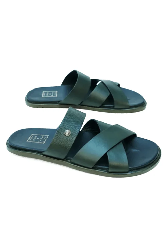 Men's slippers with a leather sole for a classic look LOGO 7921 GRA