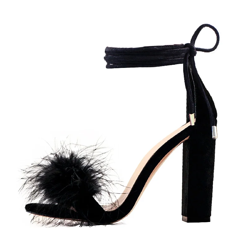 Men's sandals with a shock - absorbing insole Round Toe Feather Lace-up Suede Chunky Heel Sandals