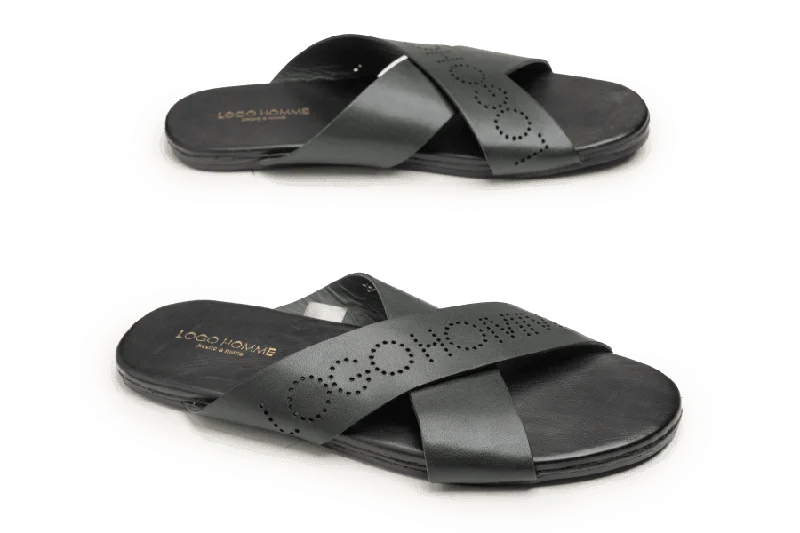 Leather men's slippers with a mule style LOGO 7856 GRA