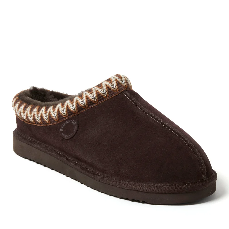 Men's slippers with a Velcro closure for easy on and off Fireside by Dearfoams Men's Grafton Genuine Shearling Clog Slipper with Taping