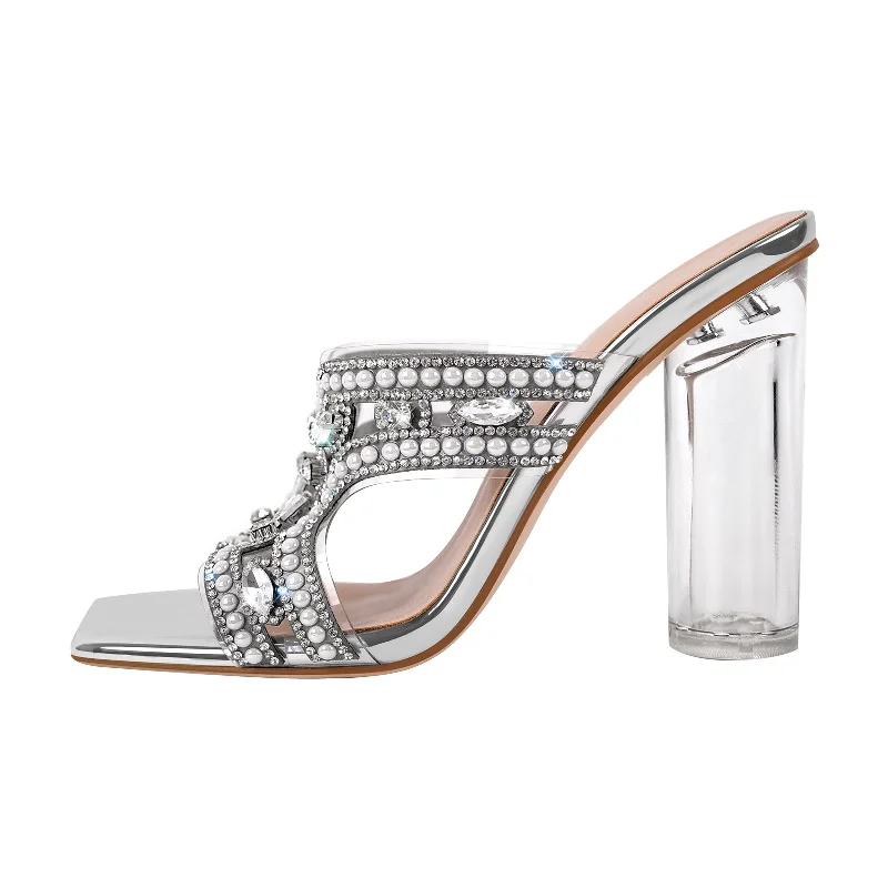 Men's sandals with a buckle closure Pearl Rhinestone Square Toe Chunky Heel Sandals
