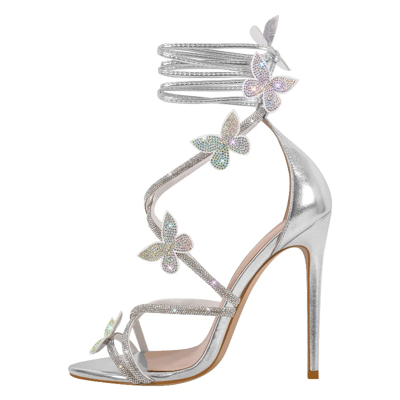 Men's sandals with a stretchy strap for a better fit Rhinestone Butterfly Pointed Toe Stiletto Sandals