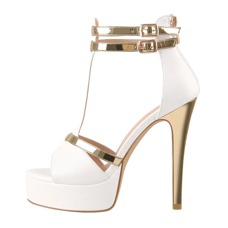 Men's sandals with a buckle closure Gold T-Strap White Platform High Heel Sandals