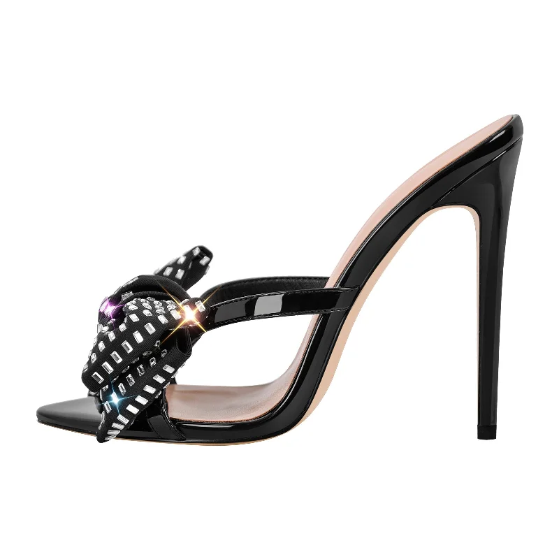 Men's sandals with a rubber sole for traction Rhinestone Pointed Toe Bow Stiletto Sandals Mules