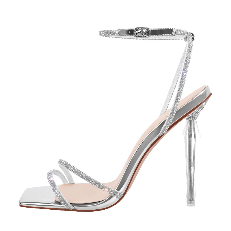 Men's sandals with a decorative buckle or charm Rhinestone Square Toe Ankle Strap Clear Heel Sandals Men's sandals with a decorative buckle or charm Rhinestone Square Toe Ankle Strap Clear Heel Sandals