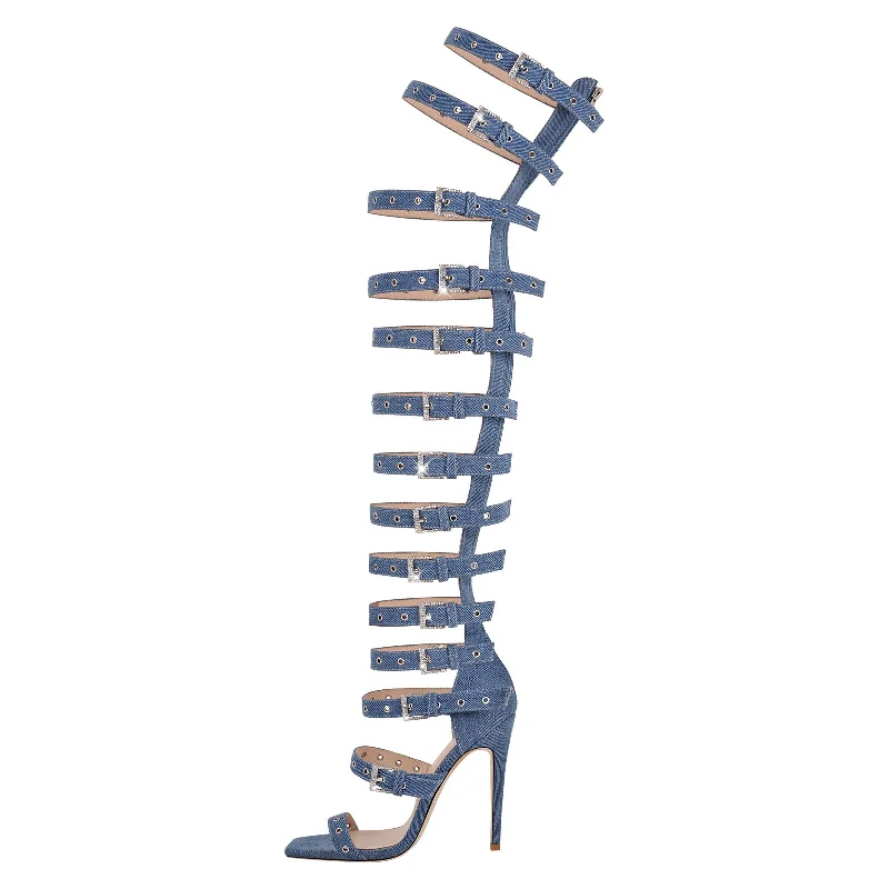 Men's sandals with a flexible sole for easy movement Denim Hollow Buckle Starp Thigh Stiletto Bootie Sandals Men's sandals with a flexible sole for easy movement Denim Hollow Buckle Starp Thigh Stiletto Bootie Sandals