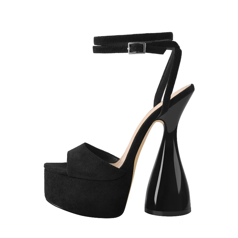 Men's sandals with a leather lining for comfort Black Suede Platform Ankle Strap High Heel Sandals